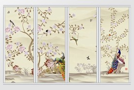 中式花草树木孔雀花卉移门