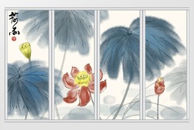 新中式写意水墨荷花移门