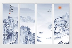 中式山水青花瓷移门