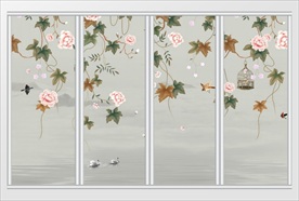 中式枫叶山水画移门