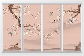 中式桃花水墨山水画移门