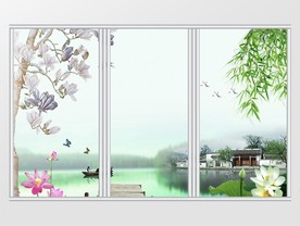 清新绿色山水锦绣风景画移门