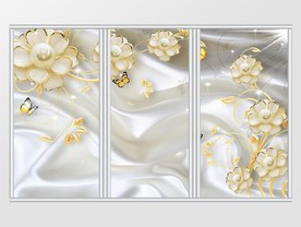 白色暖系丝绸珍珠花朵花蝴蝶移门