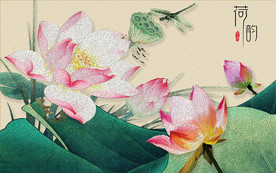 荷韵浮雕彩雕荷花中式电视背景墙