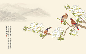 花开富贵山水花鸟中式背景墙