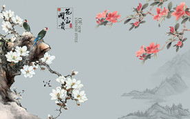花开富贵山水花鸟中式电视背景墙