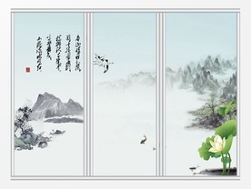 中国风水墨山水荷花移门