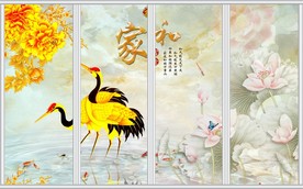 玉雕荷花鹤移门