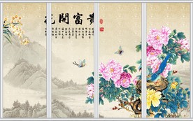 花开富贵花鸟工笔山水画移门