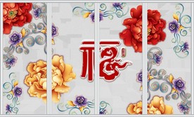 仿彩雕牡丹花福字移门