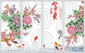 富贵吉祥九鱼图牡丹花移门