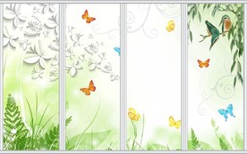 绿色清新蝴蝶柳枝翠鸟移门