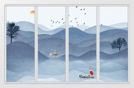 中国风山水渔夫麋鹿移门