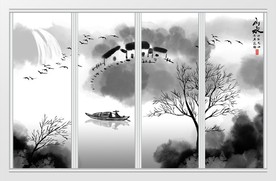 新中式水墨山水画背景墙移门