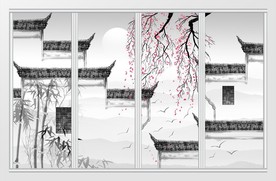 中式水墨徽派建筑马头墙移门