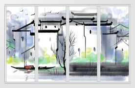 新中式抽象水墨江南建筑移门