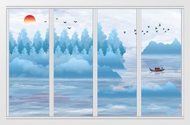 新中式山水旭日飞鸟移门