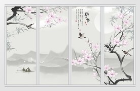 玉兰手绘工笔花鸟移门