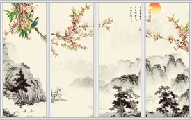 鸟鸣涧国画工笔画移门