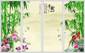 唐韵竹子牡丹花中式移门
