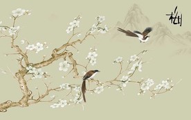 中式工笔梅花电视背景墙