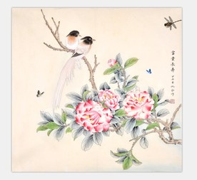 手绘花鸟画牡丹绶带鸟吉祥富贵图