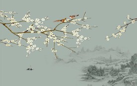 山水花鸟中式电视机背景墙