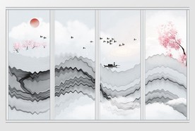 新中式山水中国风渔船移门