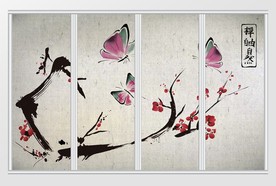 水墨风梅花树枝蝴蝶移门