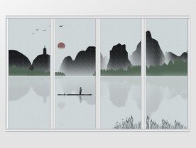 中国风意境山水孤舟移门