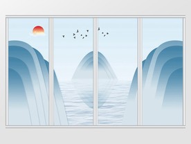 新中式蓝色几何山水飞鸟移门
