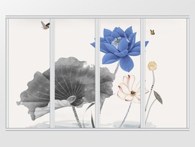 现代禅意荷花花鸟移门