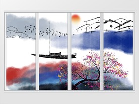 新中式彩色水墨山水画移门