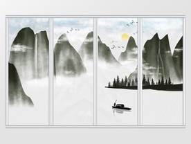 中国风手绘意境水墨山水移门