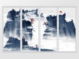 中式手绘意境彩色水墨山水移门