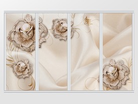 立体珍珠金色花朵白绸移门