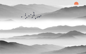抽象山水远山飞鸟背景墙