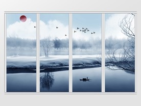 新中式山水中国风红日移门