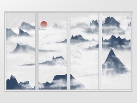 中式手绘意境水墨山水画移门