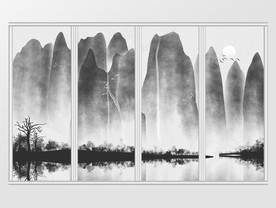 中国风手绘意境水彩山水画移门