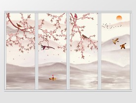 中式唯美花鸟山水移门