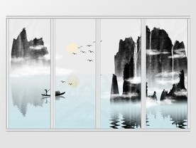 中式意境山水手绘风景移门