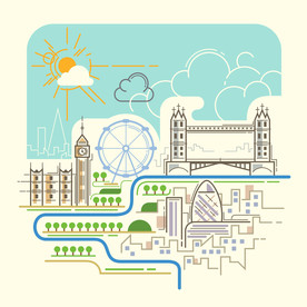 伦敦城市卡通简笔彩色画矢量图