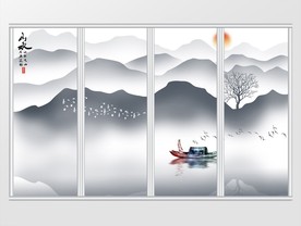 中式禅意意境山水画移门