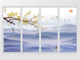 新中式唯美花鸟山水画移门