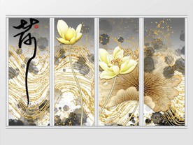 新中式金色荷花移门