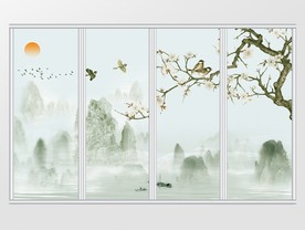 中式花鸟云雾山水画移门