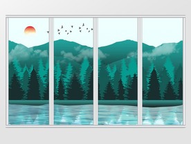 唯美山水森林飞鸟移门