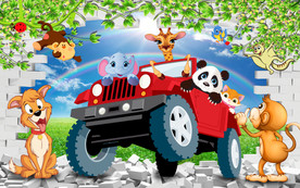 破墙而出的卡通动物汽车背景
