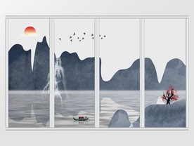 新中式禅意山水风景画移门